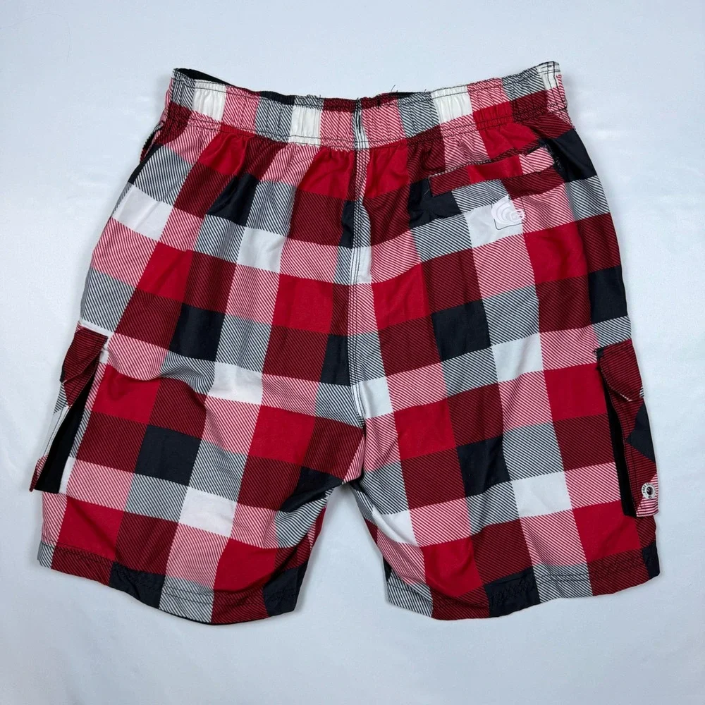 Free‎ Country Swim Trunks Mens Medium Red Plaid Aqua Tech Cargo Board Shorts